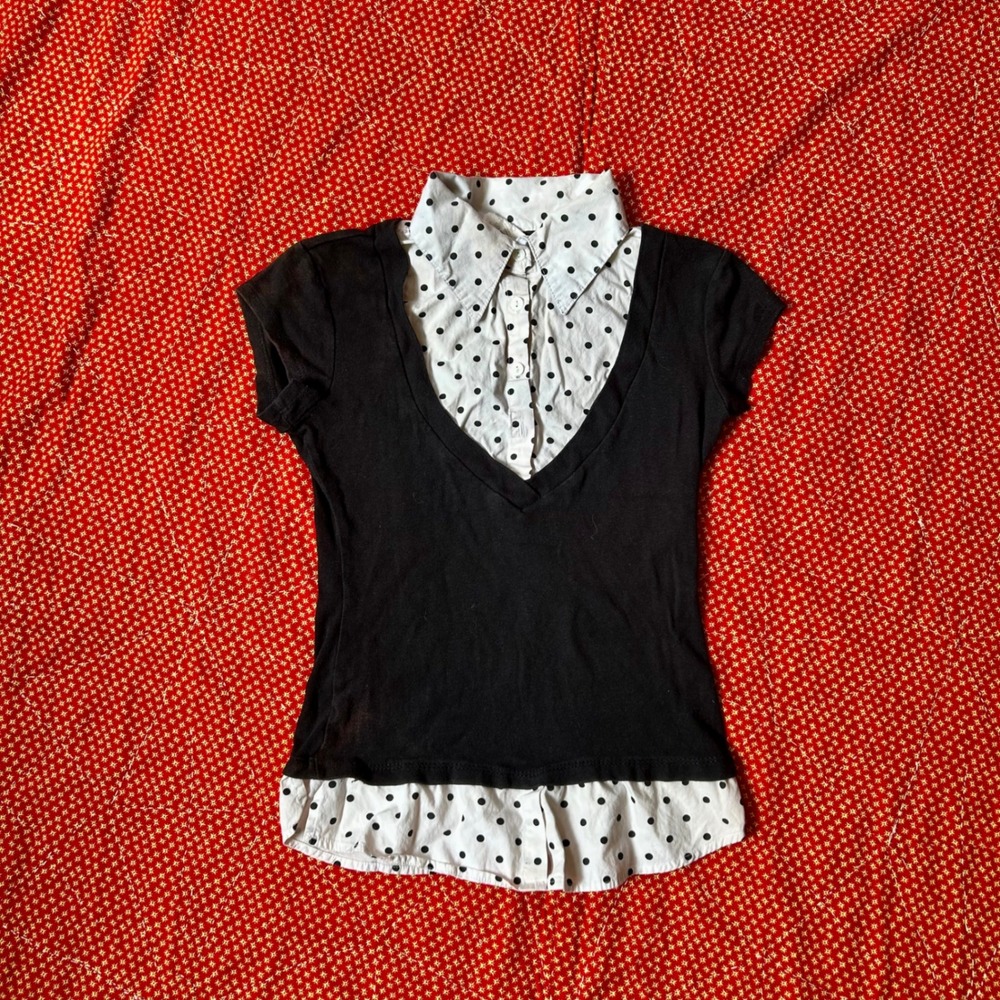 Anxiety Vintage 2-in-1 Polka Dot Layered Look Top Black White Small Short Sleeve